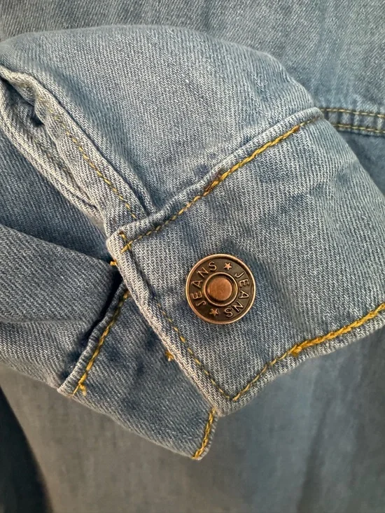 Oversized Blue Denim Pearl-Studded Button-Front Shirt - Picture 5 of 7